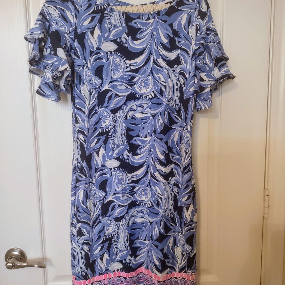 Lilly Pulitzer Blue and White Flutter Sleeve Sheath Dress